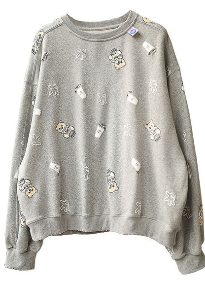 Grey Loose O-neck Print Fall Pullover Street Wear