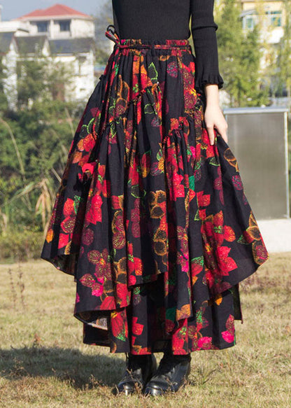 Red Asymmetrical Print Tie Waist Pleated Skirts