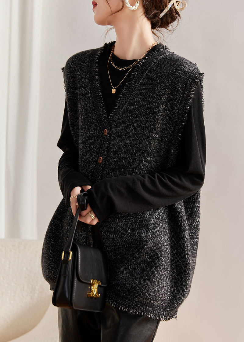 Coffee Tasseled Knit Vest and Cotton Top Two Pieces Set Winter