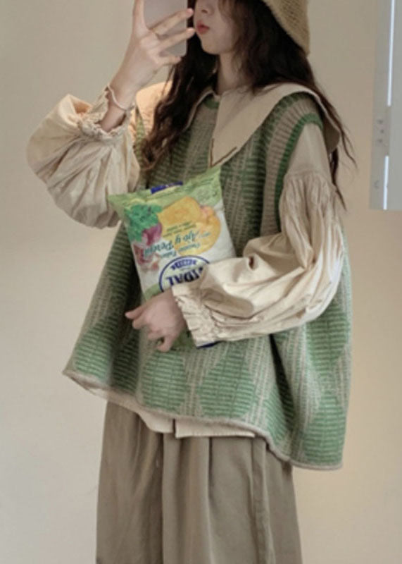 Loose Green Plaid Print Knit Waistcoat and Shirts Two Pieces Set Fall