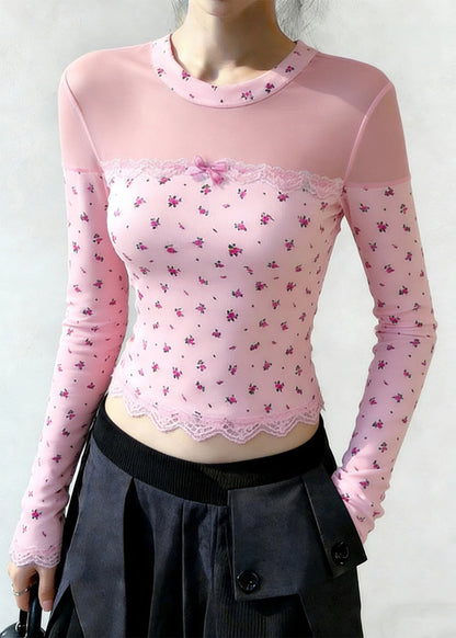 Pink Print Patchwork Tulle Shirt Tops Spring