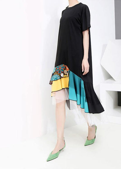 Summer Black Colorful Printed Hem Dress