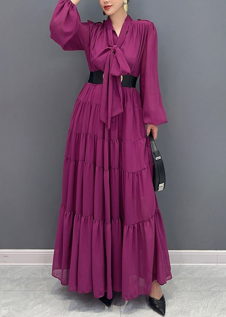 Purple V Neck Patchwork Party Chiffon Long Dress Fall