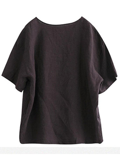 Loose Chocolate O-neck Graphic Linen T-shirt Half Sleeve
