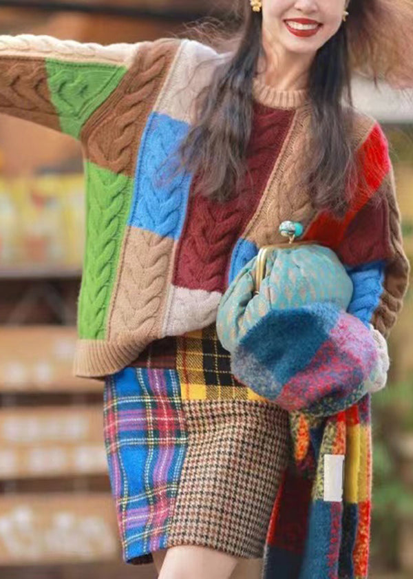 Multicolor O Neck Thick Knit Sweater Fall