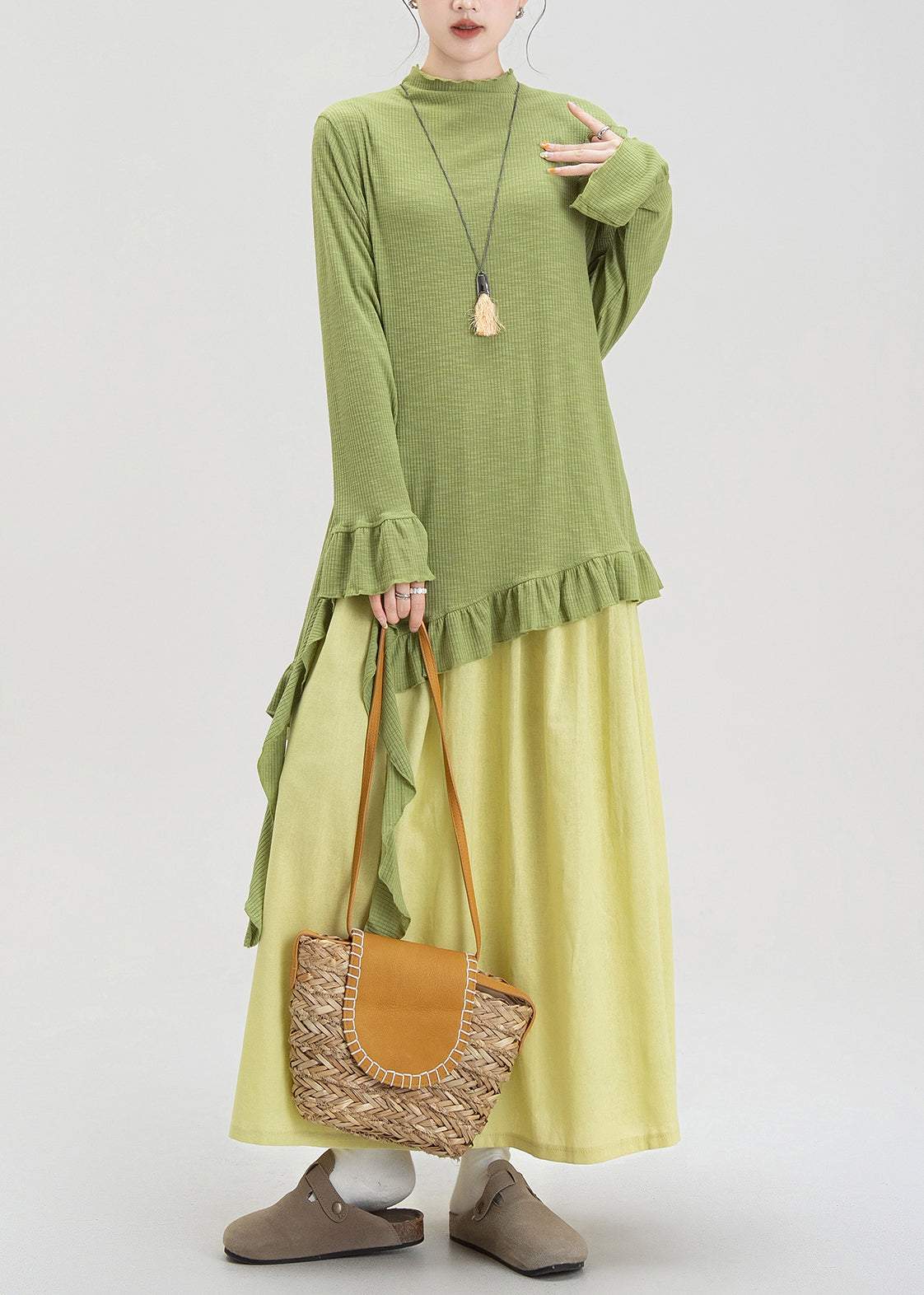 Green Ruffled Asymmetrical Cotton Two Piece Set Fall