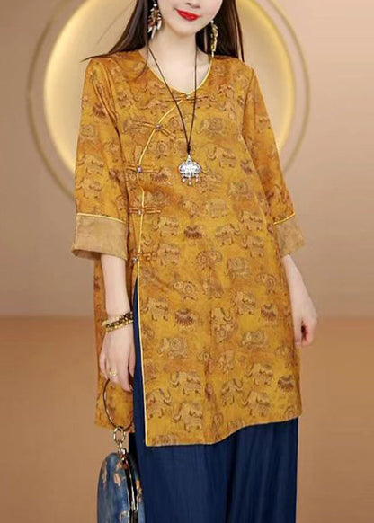 Yellow O Neck Print Oriental Button Silk Top Bracelet Sleeve