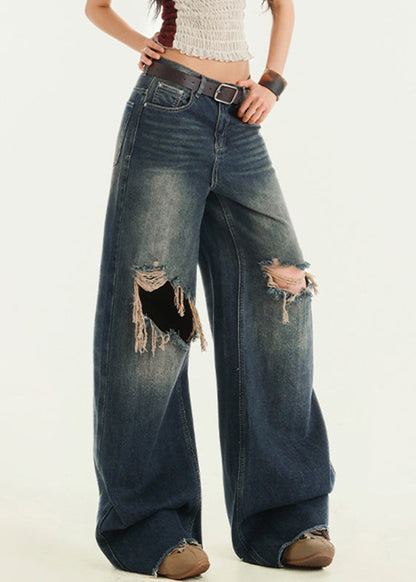Blue High Waist Wide Leg Ripped Jeans Fall