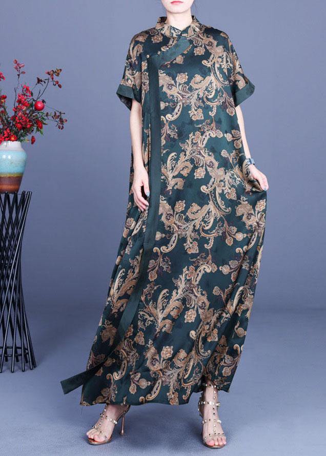 Green Print Silk Oriental Vacation Dresses Summer
