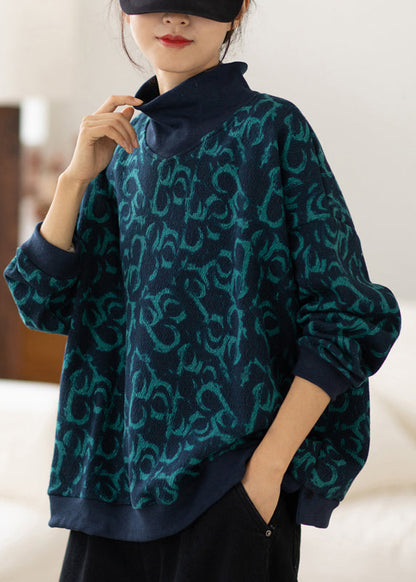 Navy Turtle Neck Print Cotton Sweatshirt Spring