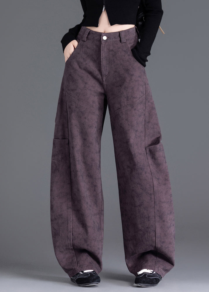 Purple Pockets Print Wrinkled Denim Pants Spring