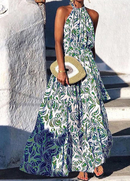 Italian Green Backless Print Cotton Maxi Halter Dresses Summer