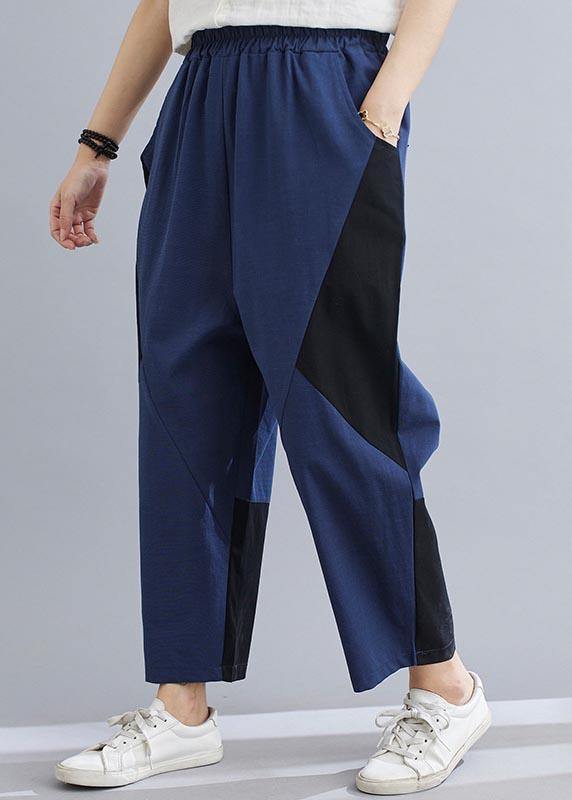 Navy Patchwork Elastic Waist Radish Trousers Pants Summer Cotton Linen
