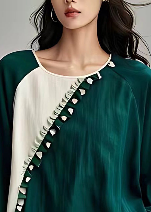 New Green O-neck Ruffled Patchwork Linen Tops Long Sleeve