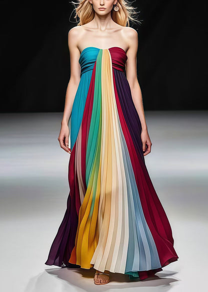 Multicolor Bustier Top Backless Chiffon Full Pleated Dress Summer