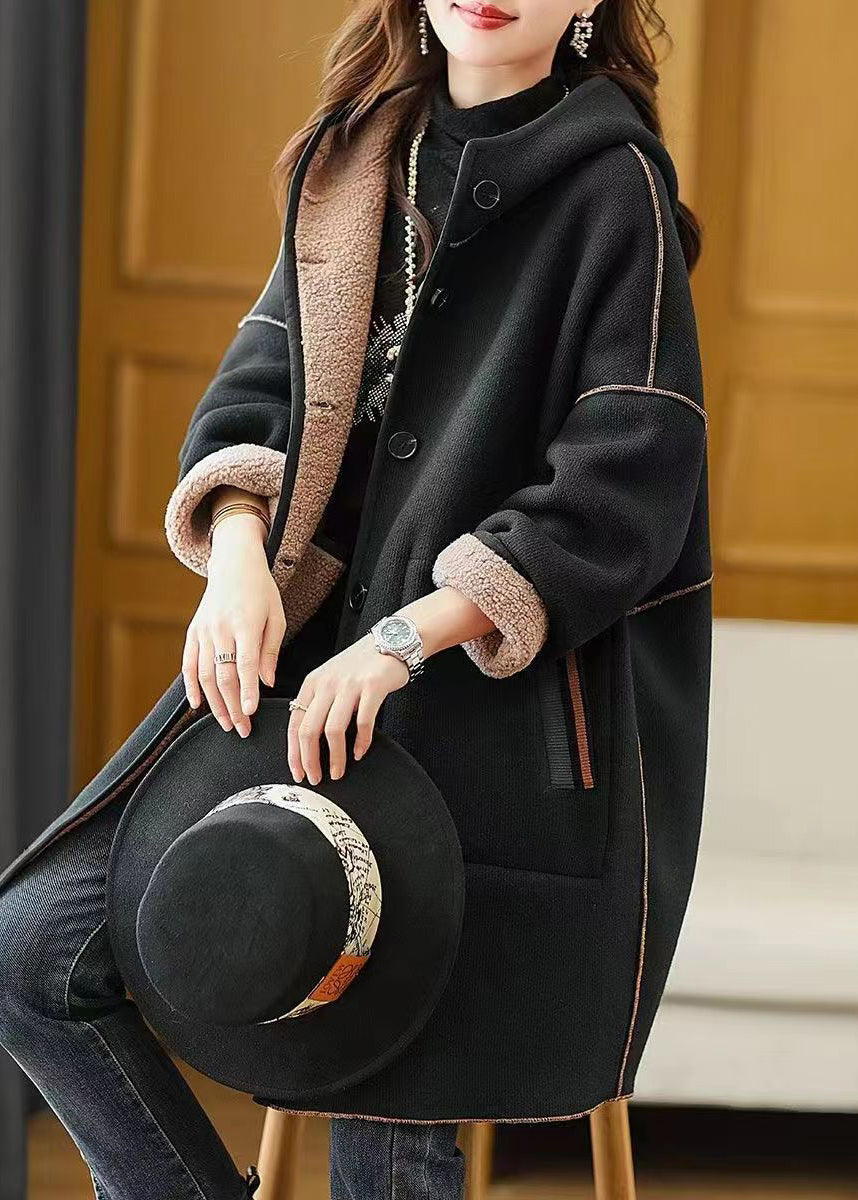 Black Hooded Pockets Patchwork Woolen Coat Winter