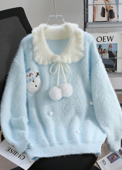 Blue Snowman Fuzzy Ball Decorated Knit Sweater Winter