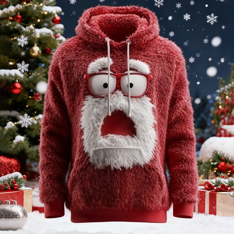 Comstylish Men's Fun Angry Santa Claus Snowflake Pattern Plush Hoodie