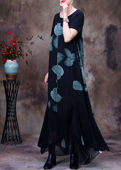 Black Asymmetrical Print Chiffon Strap Dress and Tanks Two Pieces Set Summer