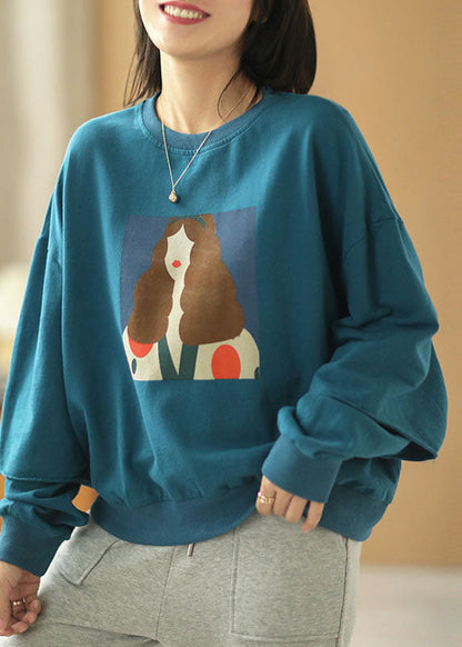 Blue Loose O-neck Print Fall Sweatshirts Top