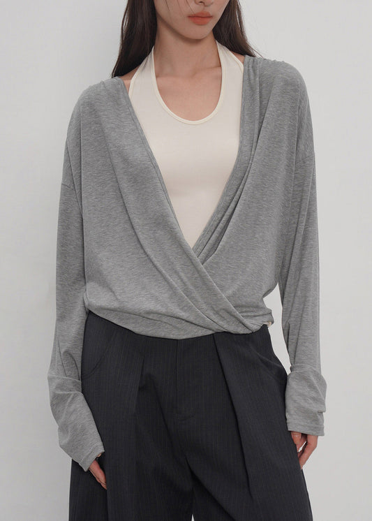 New Grey Fake Two-piece Spliced Neck Hanging Long Sleeved T-shirt Top