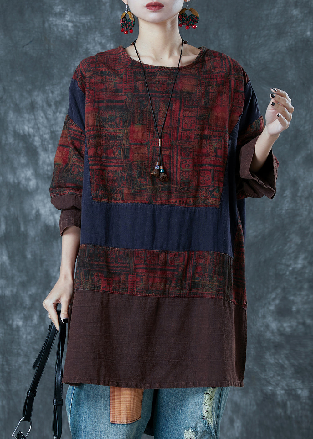 Colorblock Oversized Patchwork Linen Blouses Fall