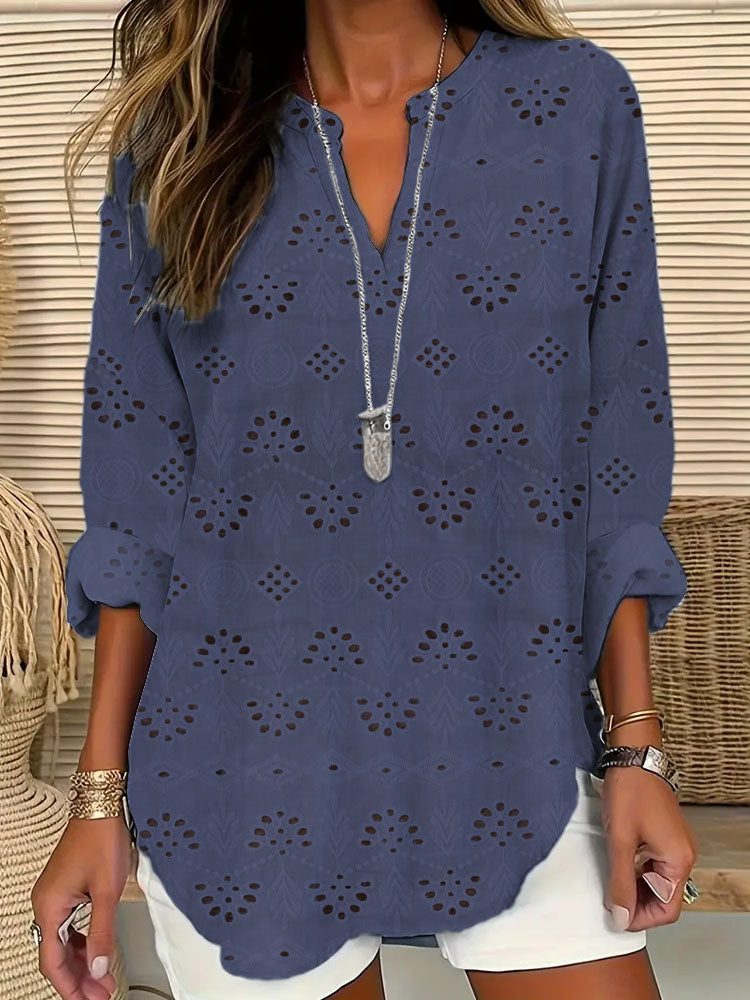 Comstylish Lace Floral Pattern Linen V-Neck Shirt