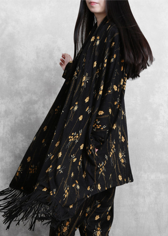 Black Print Mink Velvet Coat and Wide Leg Pants Two Pieces Set Fall