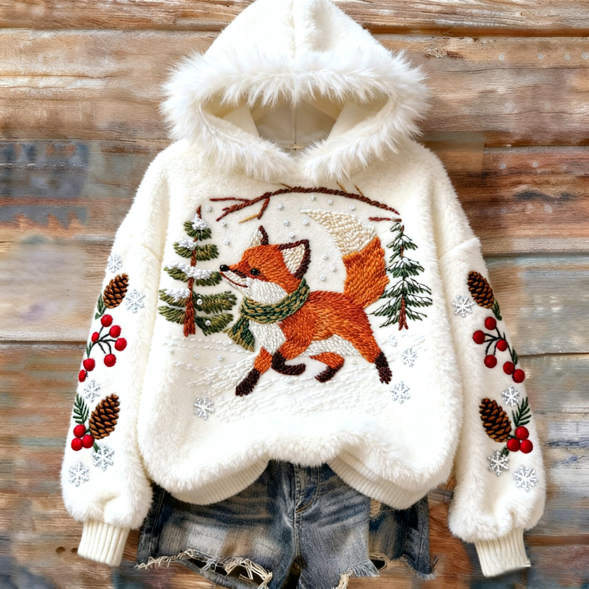 Vintage Christmas Winter Fox Art Women's Cozy Plush Sweater Hoodie artswardrobe