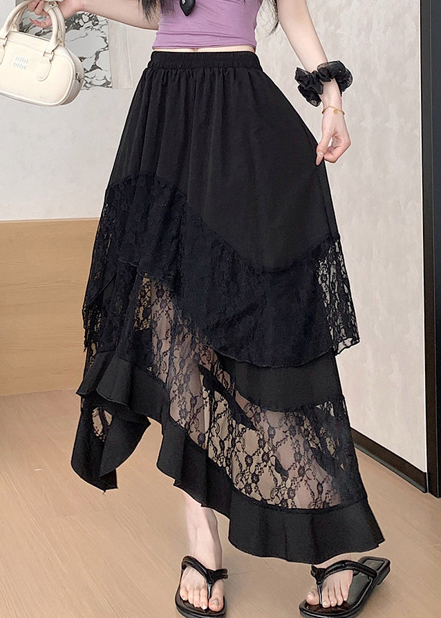 Black Asymmetrical Lace Patchwork Cotton Skirts