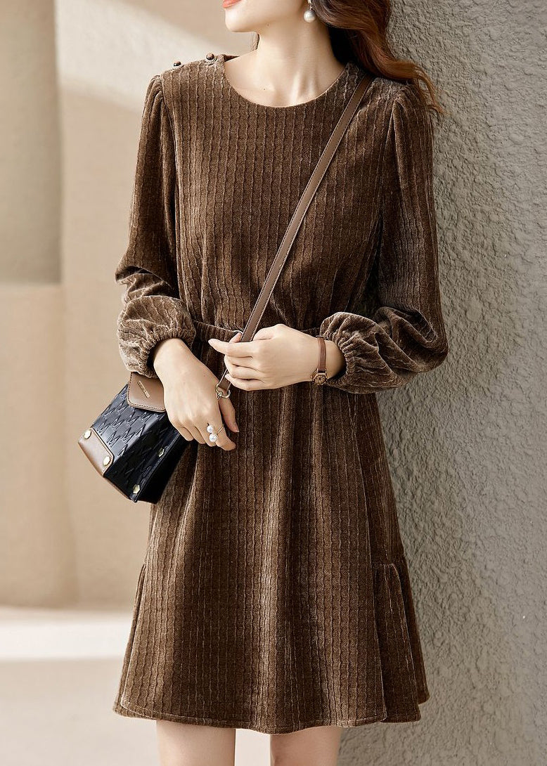 Coffee O Neck Sashes Patchwork Silk Velour Mid Dress Spring