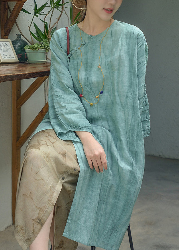 Beige O Neck Oriental Button Patchwork Cotton Dress Fall