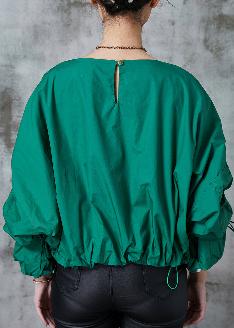Fitted Green Oversized Drawstring Cotton Pullover Spring