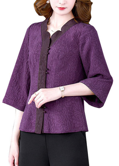 Purple V Neck Jacquard Patchwork Silk Shirts Bracelet Sleeve