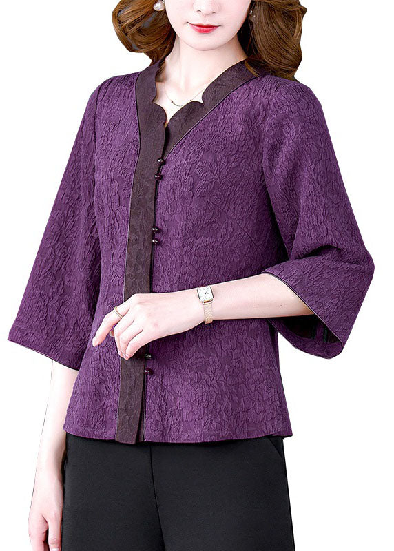 Purple V Neck Jacquard Patchwork Silk Shirts Bracelet Sleeve