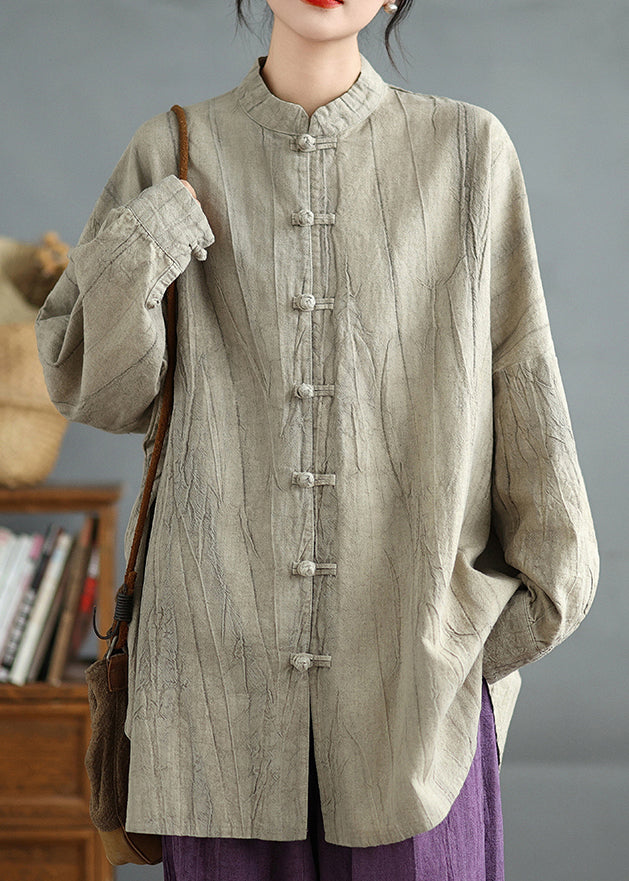 Khaki Oriental Button Cotton Shirt Top Spring
