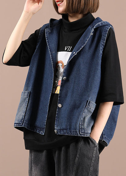 Fitted Blue Hooded Pockets Print Fall Tops Waistcoat