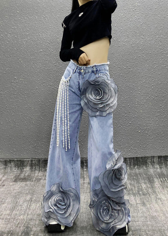 Blue Pockets Bead Tassel Denim Pants Fall