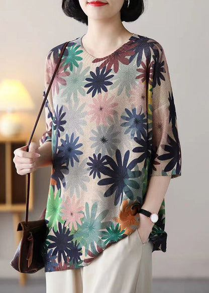 O Neck Print Patchwork Cozy Cotton Knit Top Half Sleeve