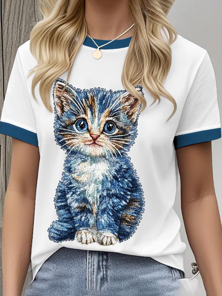 Women's Retro Funny Denim Patch Animal Cat Print Crew Neck T-shirt elevenforest