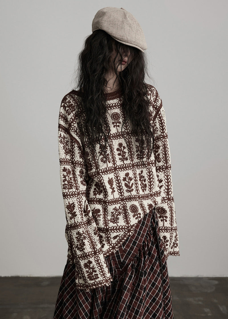 Coffee O Neck Jacquard Knit Sweater Winter