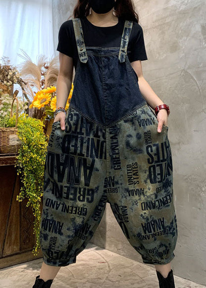 Blue Fine Graphic Denim Overalls Jumpsuit Spring