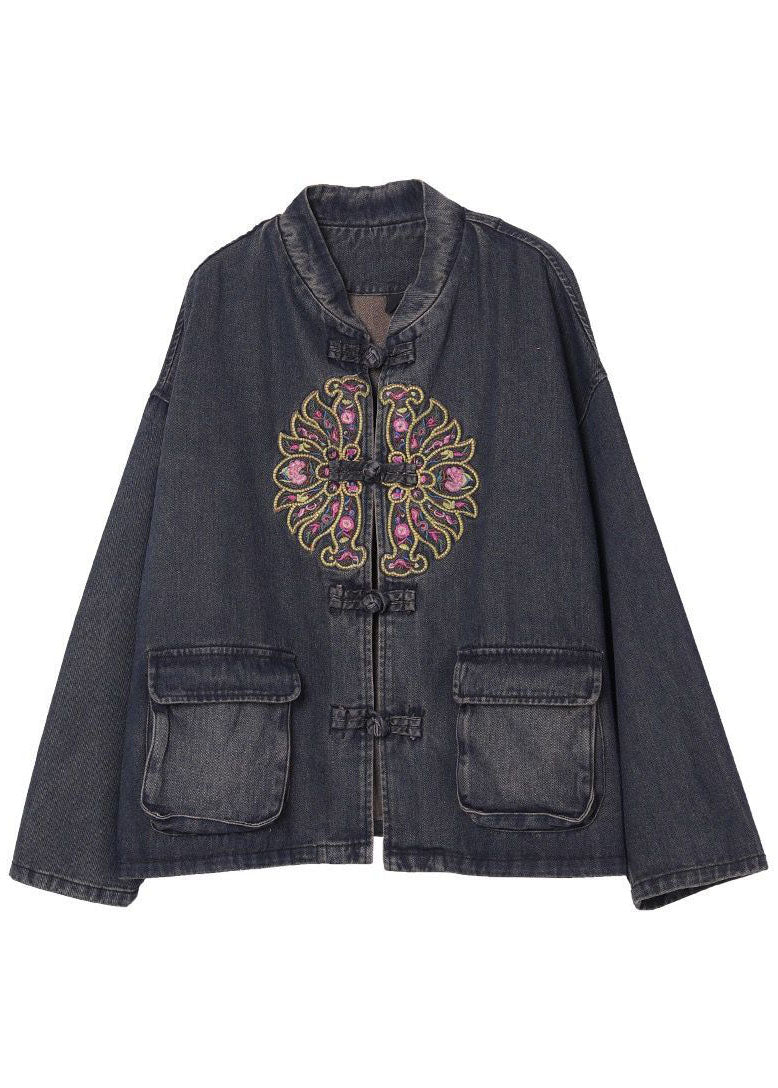 Black Button Embroideried Pockets Spring Denim Jackets