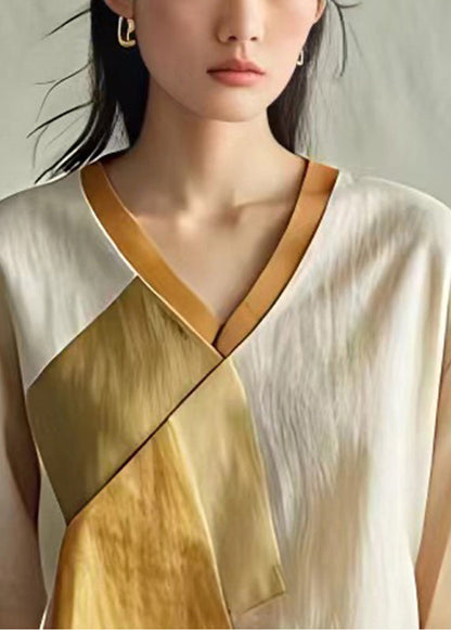 Apricot V Neck Patchwork Linen Blouse Top Summer