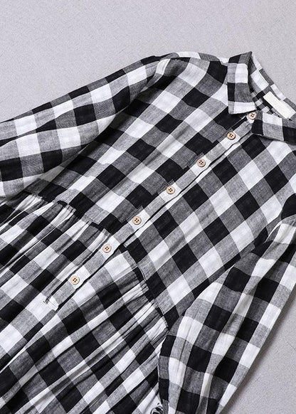 Black White Plaid Peterpan Collar Pockets Button Fall Patchwork Cotton Dresses