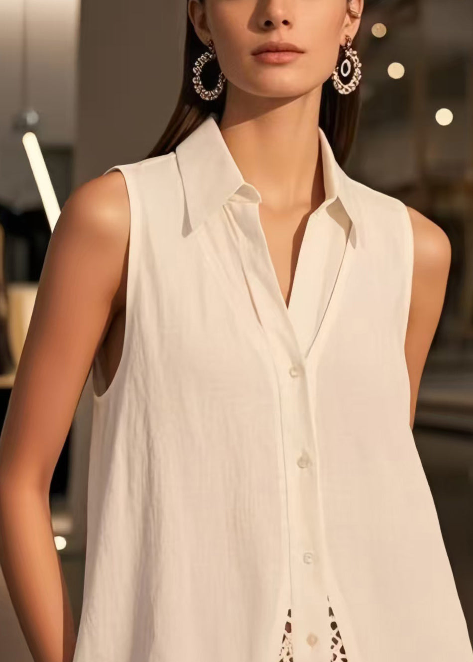 White Peter Pan Collar Patchwork Lace Blouses Sleeveless