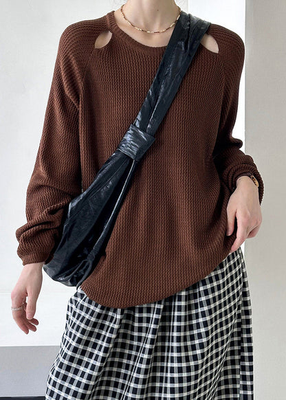 Brown O Neck Hollow Out Knit Sweaters Fall