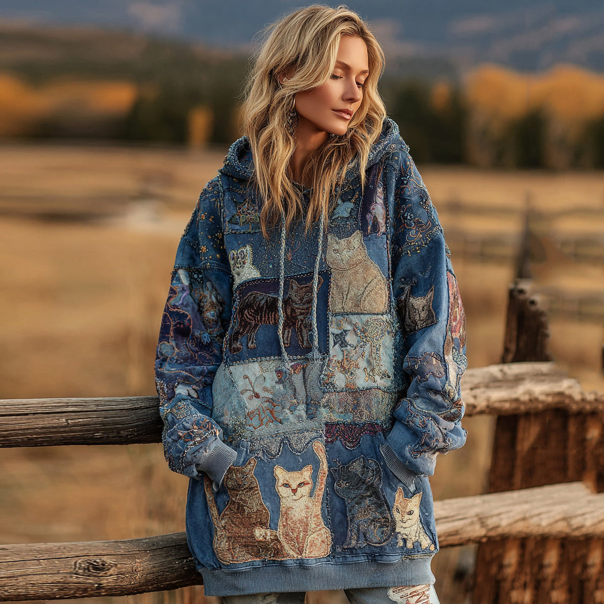 Comstylish Women's Denim Patchwork Cute Cat Print Hooded Sweatshirt Dress