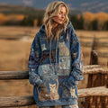 Comstylish Women's Denim Patchwork Cute Cat Print Hooded Sweatshirt Dress