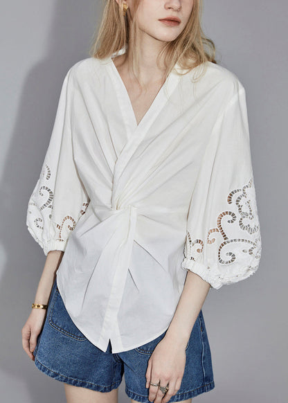 White V Neck Hollow Out Cotton Blouses Bracelet Sleeve